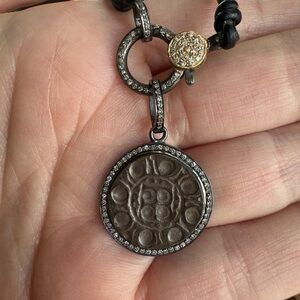 14k Gold, Sterling Silver, Natural Diamond, leather Chord Necklace